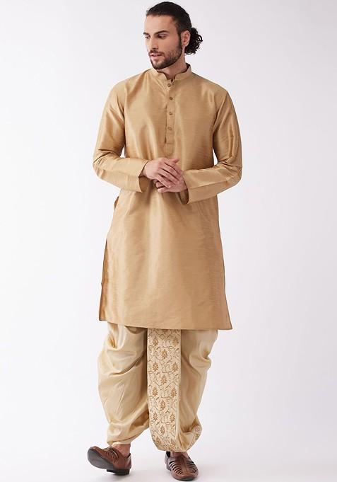 Rose Gold Solid Poly Blend Kurta Set For Men