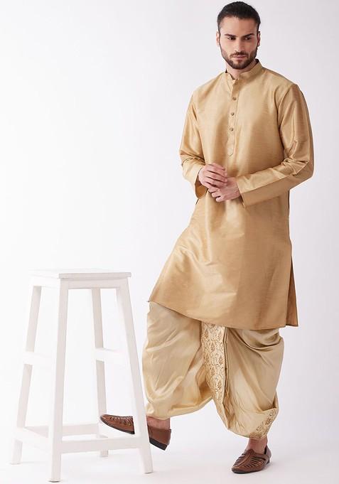 Rose Gold Solid Poly Blend Kurta Set For Men