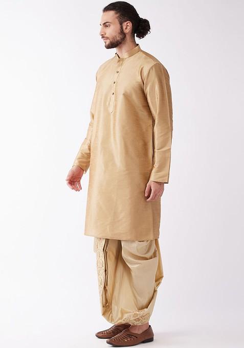 Rose Gold Solid Poly Blend Kurta Set For Men