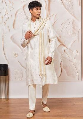 Cream Embroidered Poly Blend Kurta Set For Men