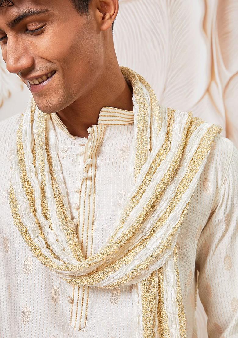 Cream Embroidered Poly Blend Kurta Set For Men