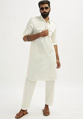 White Solid Pathani Kurta Set For Men