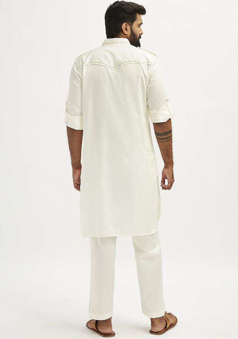 White Solid Pathani Kurta Set For Men