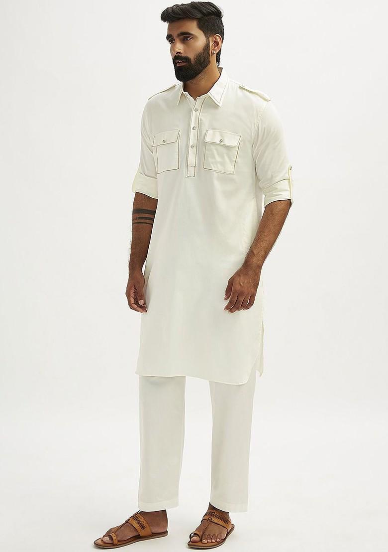 White Solid Pathani Kurta Set For Men