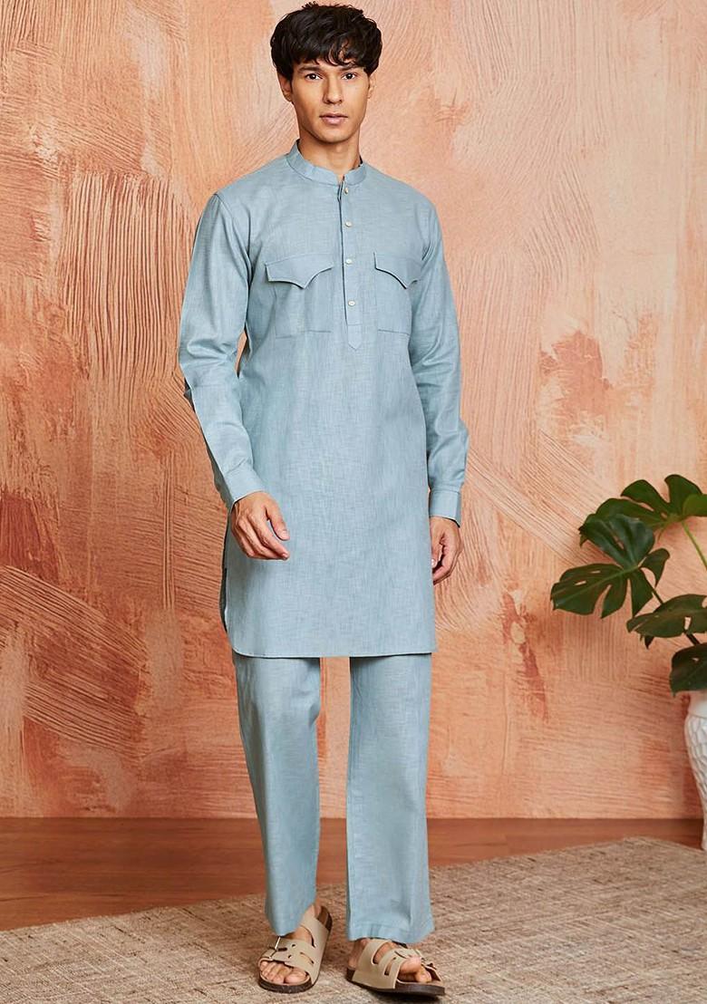 Blue Solid Pathani Kurta Set For Men