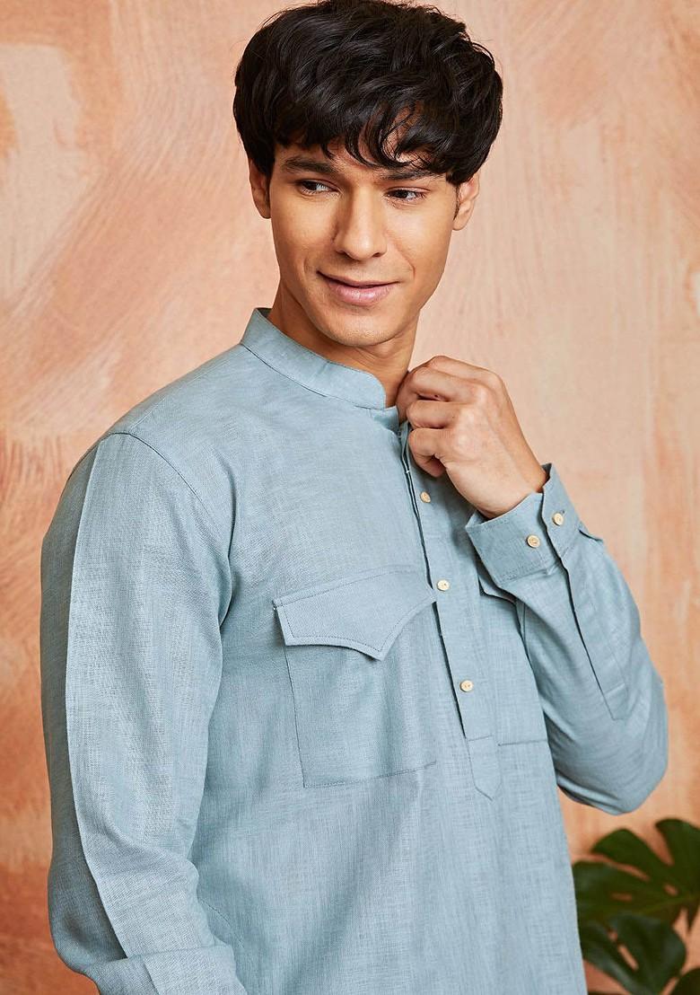 Blue Solid Pathani Kurta Set For Men