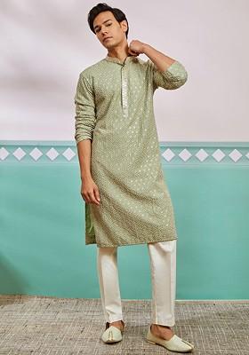 Green Ethnic Motifs Poly Blend Kurta Set For Men