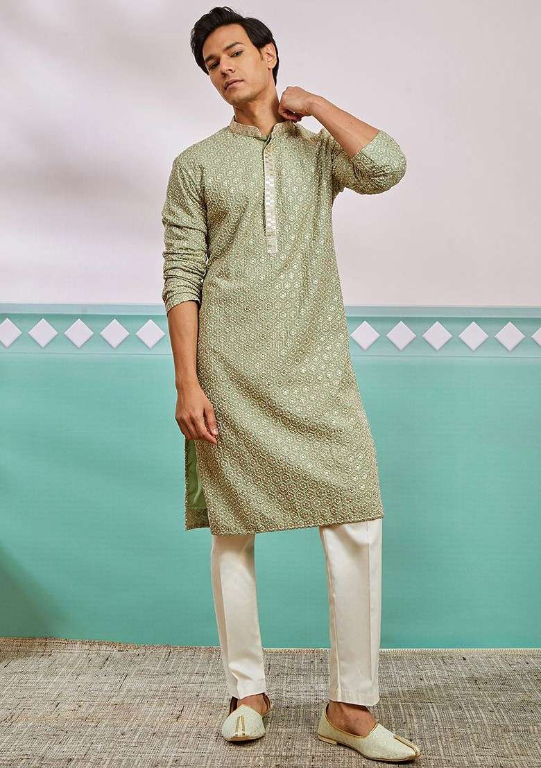 Green Ethnic Motifs Poly Blend Kurta Set For Men - Indya