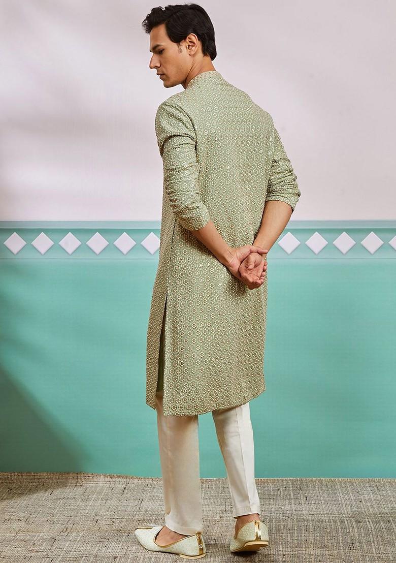 Green Ethnic Motifs Poly Blend Kurta Set For Men