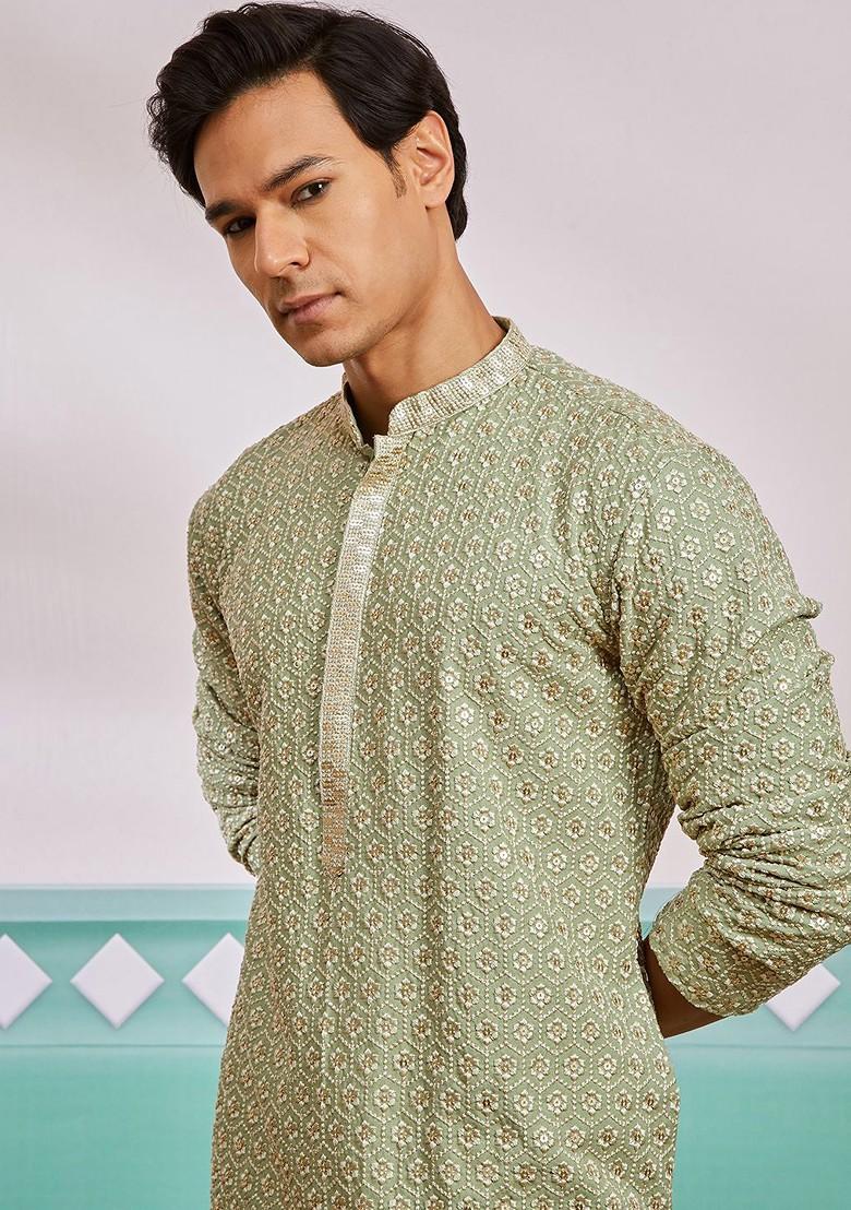 Green Ethnic Motifs Poly Blend Kurta Set For Men