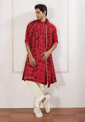 Red Printed Poly Blend Kurta Set For Men