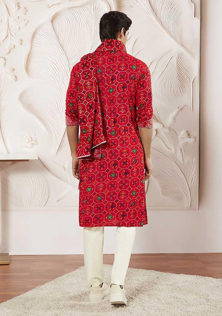 Red Printed Poly Blend Kurta Set For Men