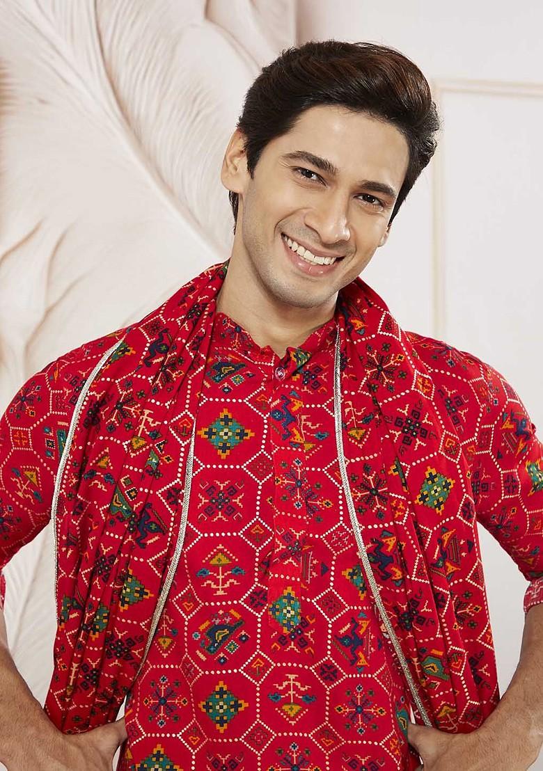 Red Printed Poly Blend Kurta Set For Men