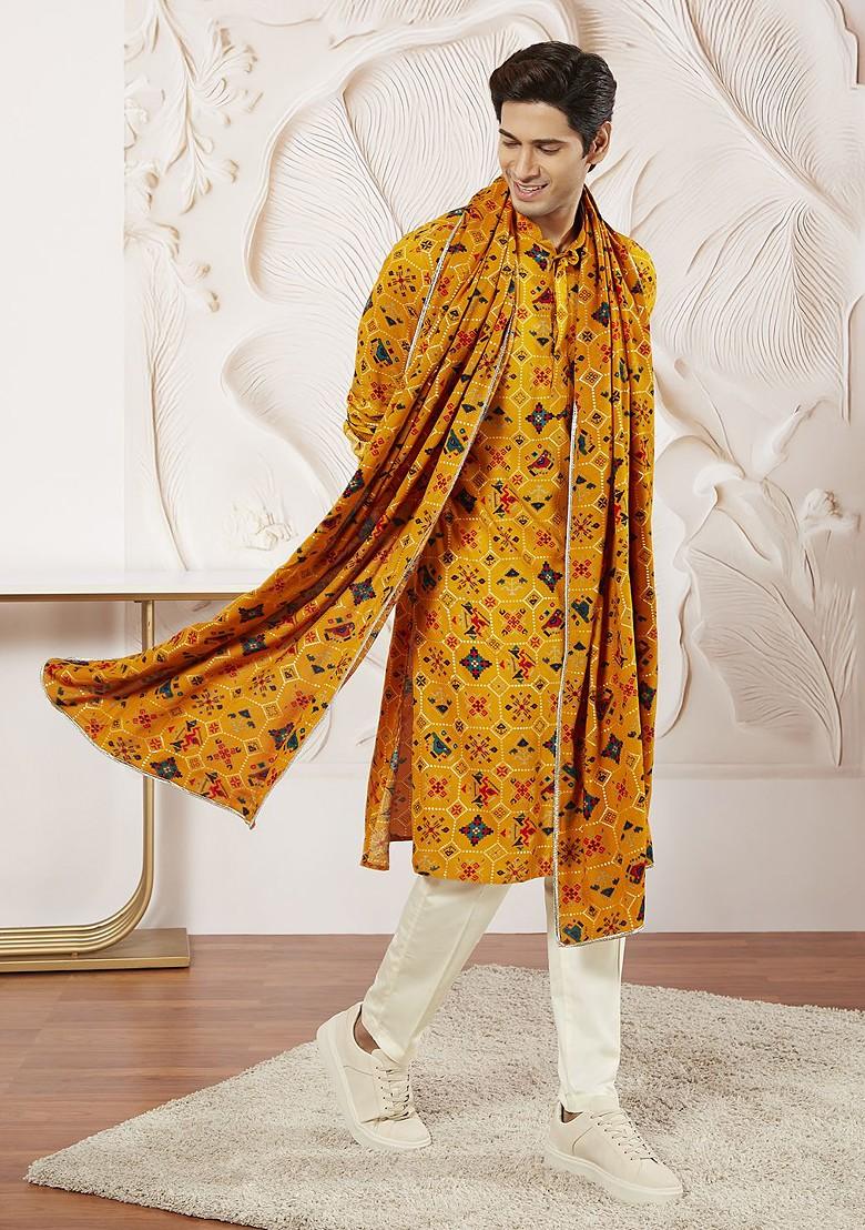 Yellow Printed Poly Blend Kurta Set For Men