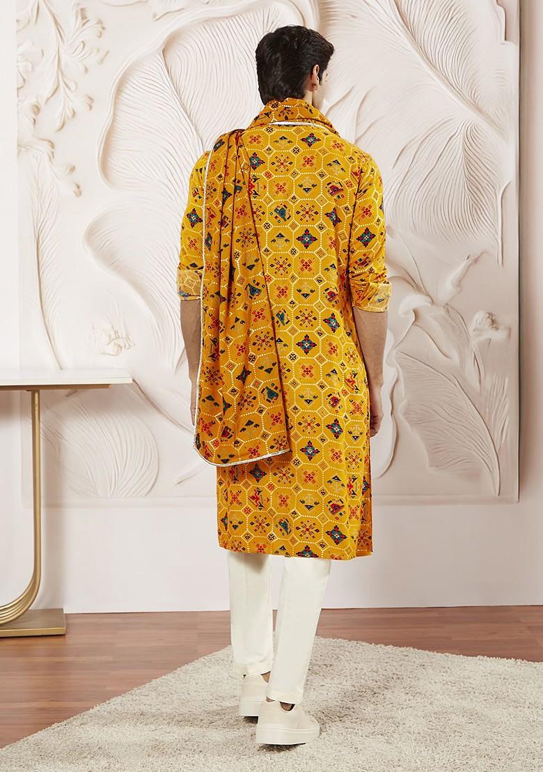 Yellow Printed Poly Blend Kurta Set For Men