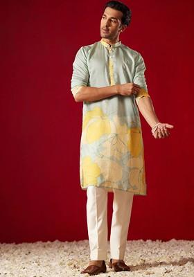 Yellow Floral Print Poly Blend Kurta Set For Men