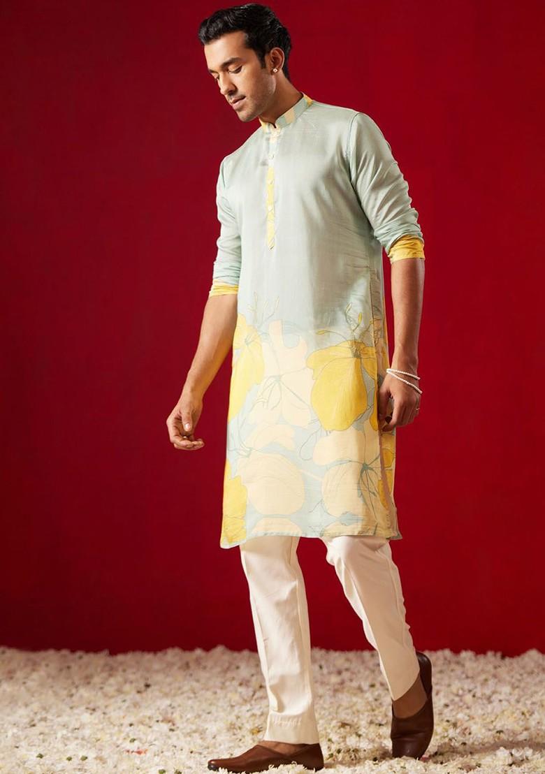 Yellow Floral Print Poly Blend Kurta Set For Men