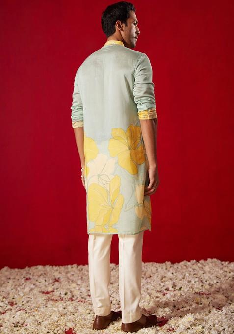 Yellow Floral Print Poly Blend Kurta Set For Men