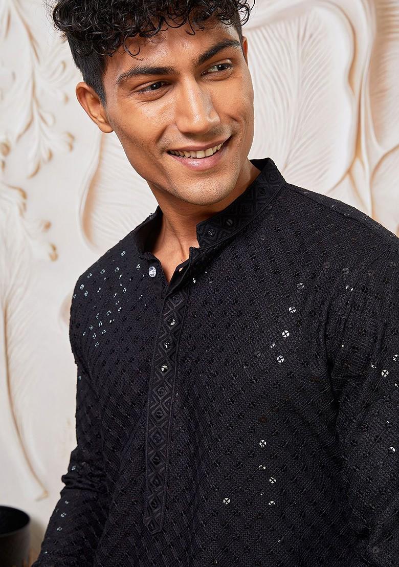 Black Ethnic Motifs Poly Blend Kurta Set For Men