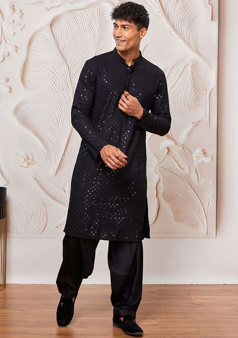 Black Ethnic Motifs Poly Blend Kurta Set For Men - Indya