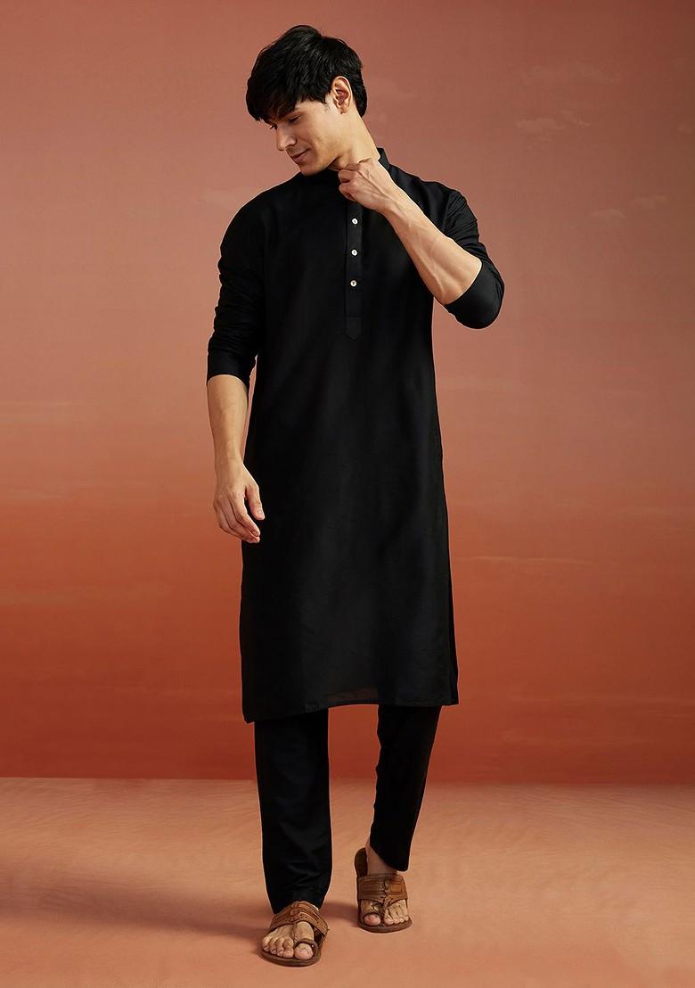 Black Solid Poly Blend Kurta Set For Men