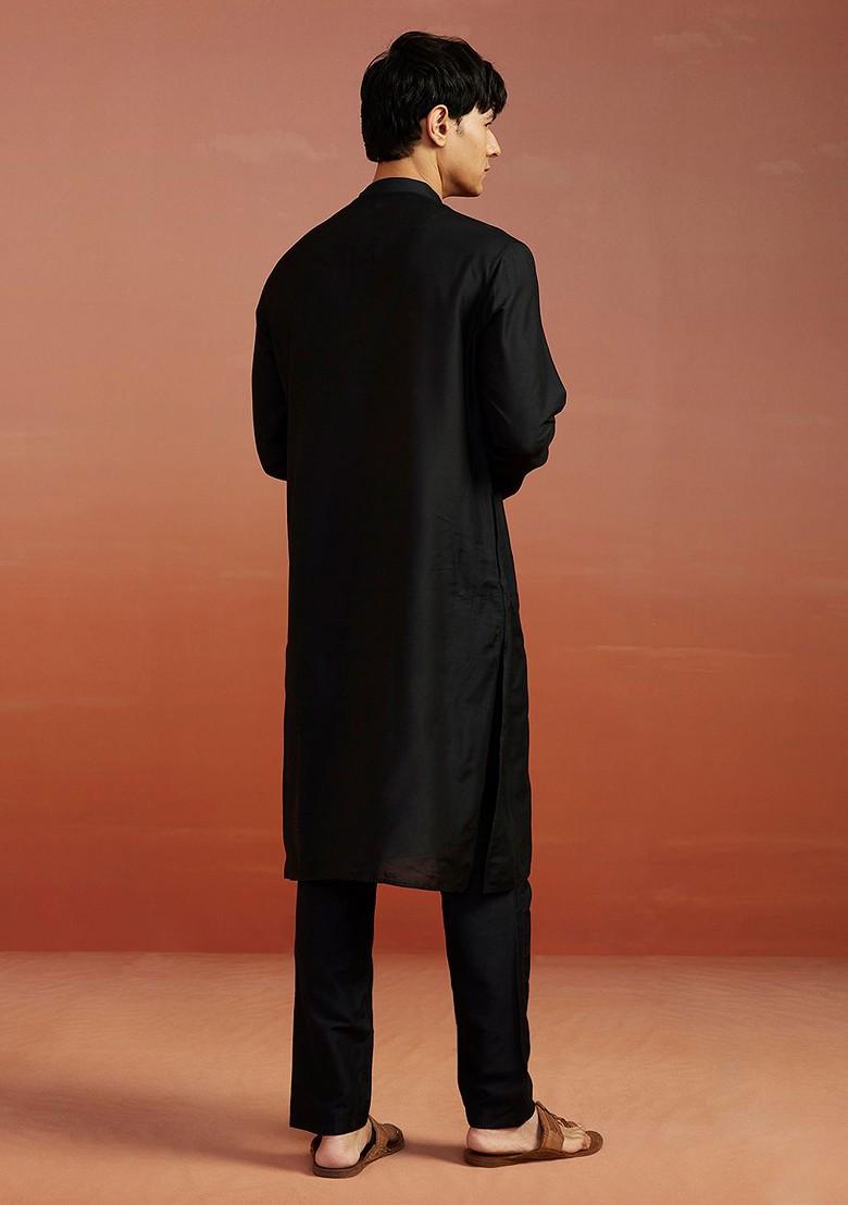 Black Solid Poly Blend Kurta Set For Men