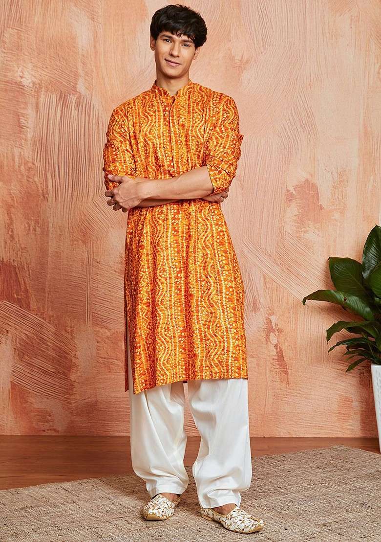 Orange Bandhani Print Poly Blend Kurta Set For Men - Indya
