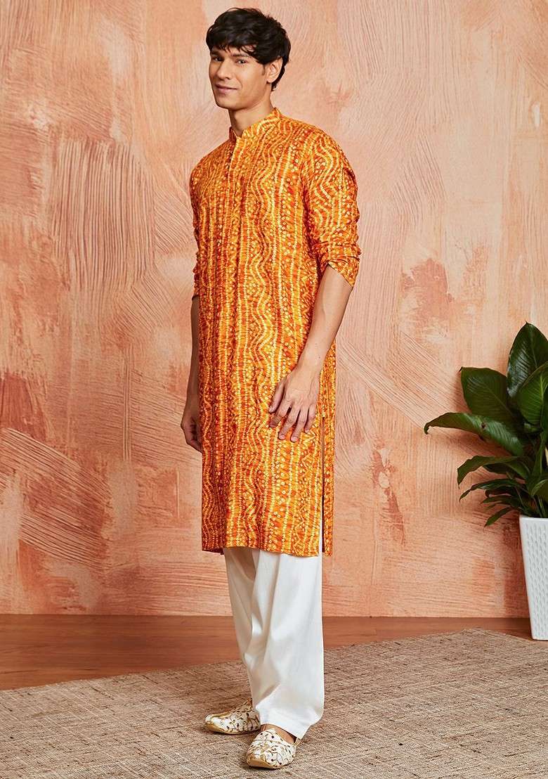 Orange Bandhani Print Poly Blend Kurta Set For Men - Indya