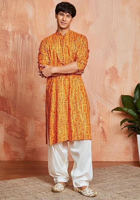 Orange Bandhani Print Poly Blend Kurta Set For Men — view on Indya