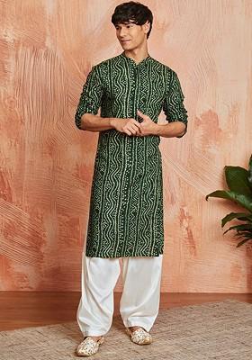 Green Bandhani Print Poly Blend Kurta Set For Men