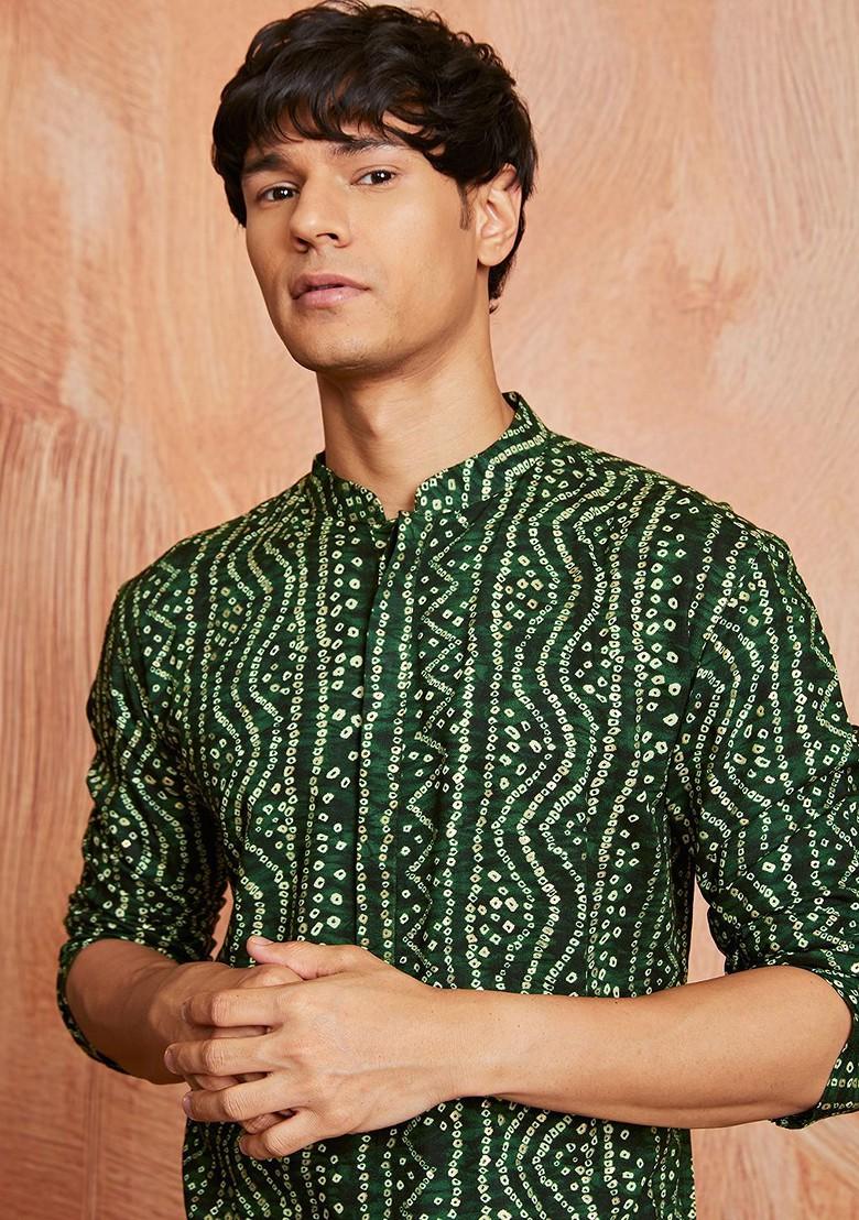 Green Bandhani Print Poly Blend Kurta Set For Men