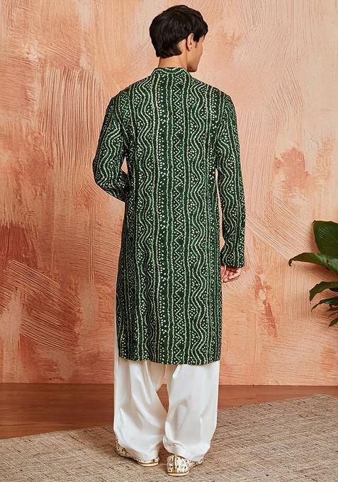 Green Bandhani Print Poly Blend Kurta Set For Men