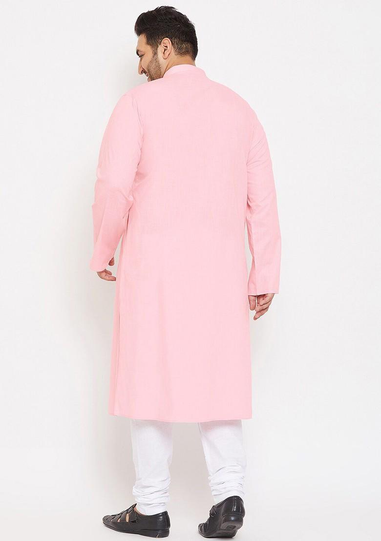 Pink Solid Poly Blend Kurta Set For Men