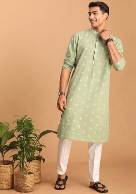 Green Woven Cotton Kurta Set For Men