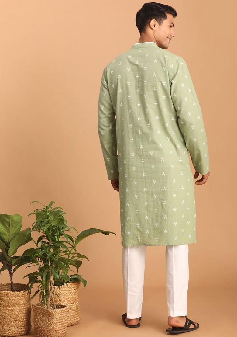 Green Woven Cotton Kurta Set For Men