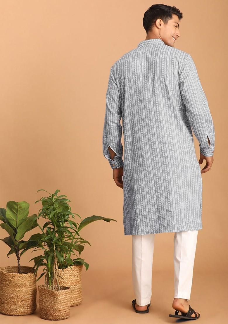 Grey Ethnic Motifs Cotton Kurta Set For Men