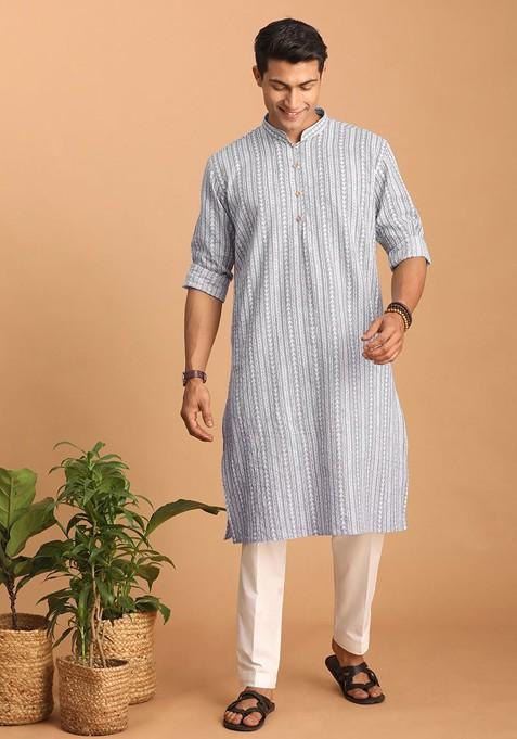 Grey Ethnic Motifs Cotton Kurta Set For Men