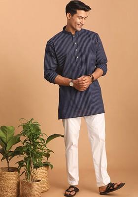 Navy Blue Striped Cotton Kurta Set For Men