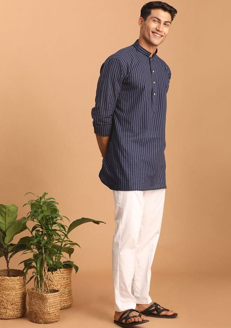 Navy Blue Striped Cotton Kurta Set For Men
