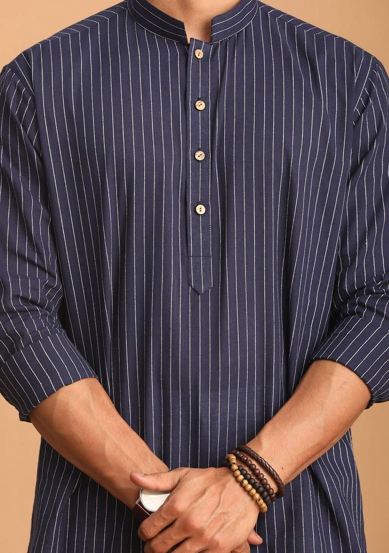 Navy Blue Striped Cotton Kurta Set For Men