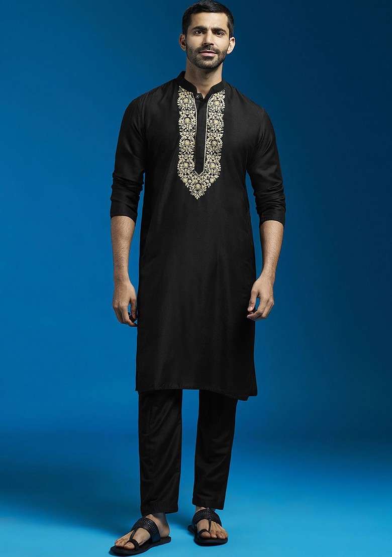 Black Floral Print Poly Blend Kurta Set For Men - Indya