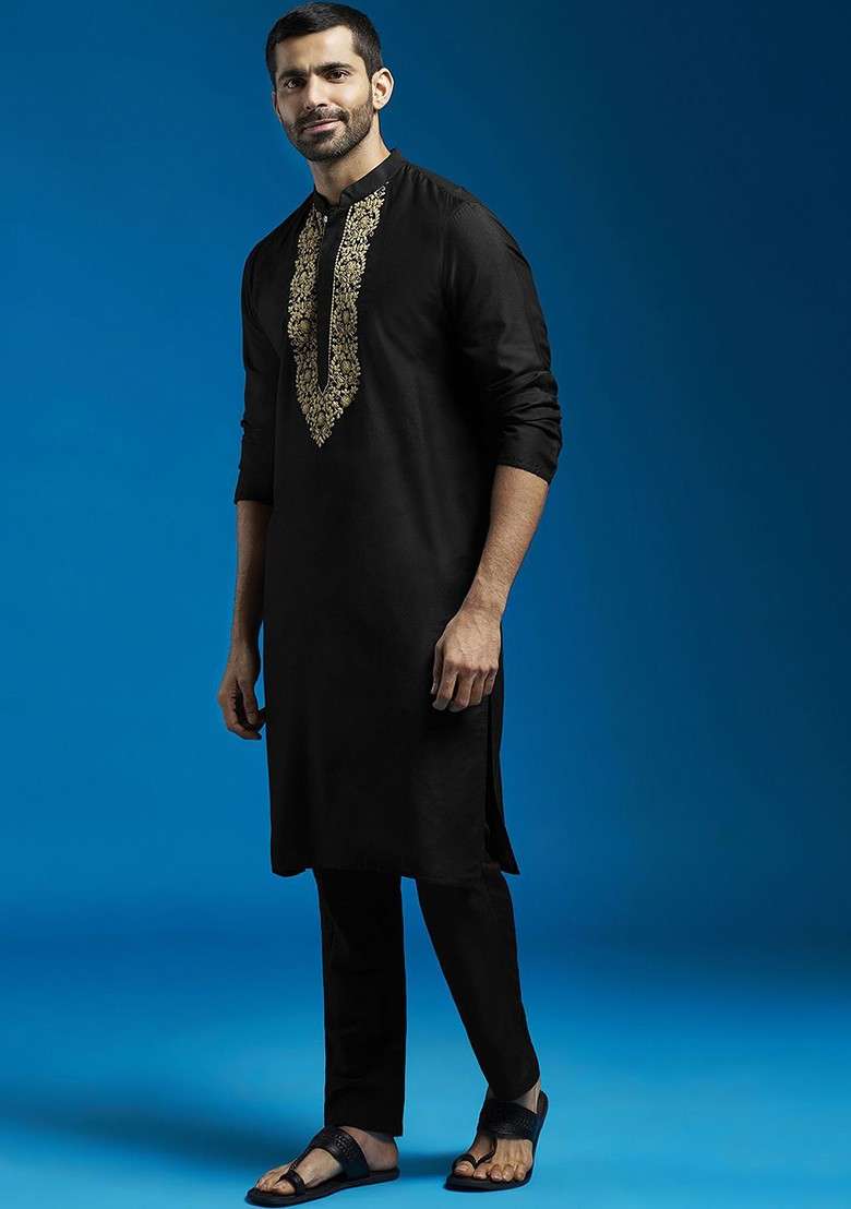 Black Floral Print Poly Blend Kurta Set For Men - Indya