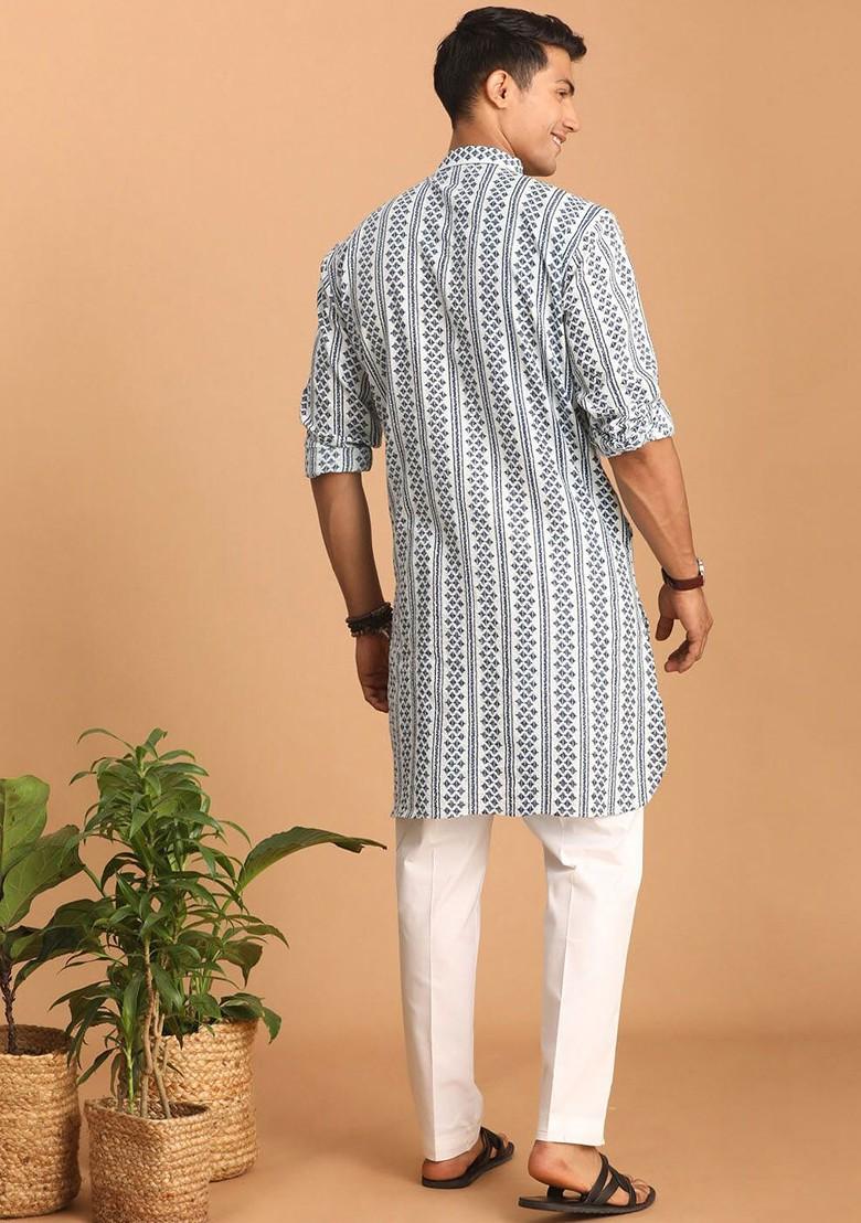 White Ethnic Motifs Cotton Kurta Set For Men