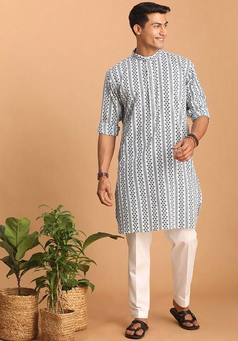 White Ethnic Motifs Cotton Kurta Set For Men