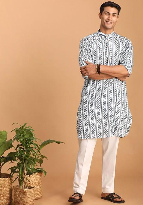 White Ethnic Motifs Cotton Kurta Set For Men