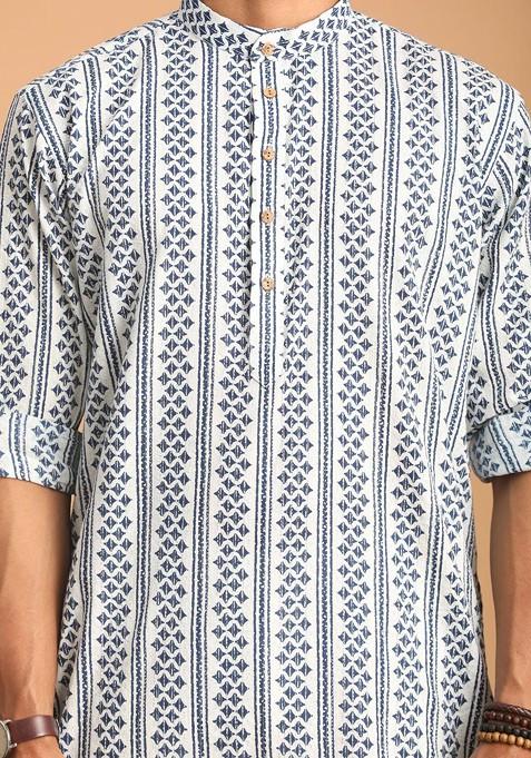 White Ethnic Motifs Cotton Kurta Set For Men