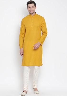 Yellow Solid Poly Blend Kurta Set For Men