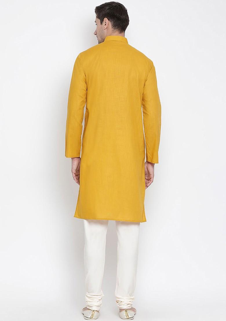 Yellow Solid Poly Blend Kurta Set For Men