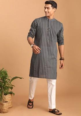 Grey Woven Cotton Kurta Set For Men