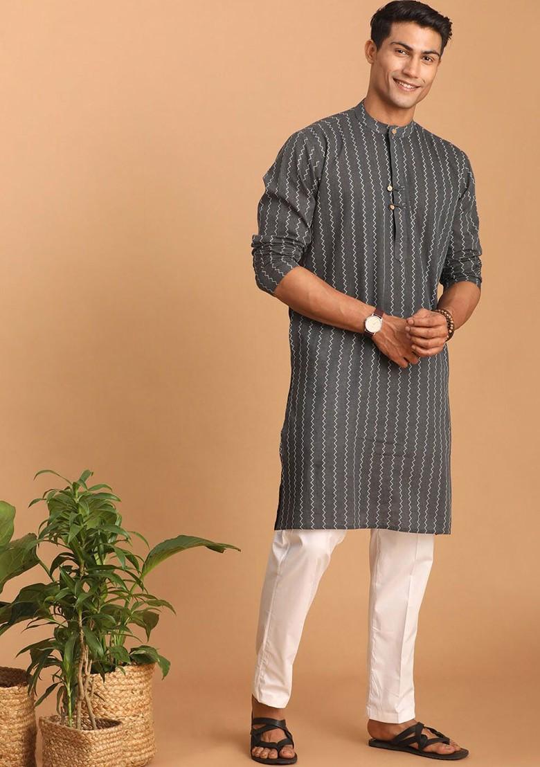 Grey Woven Cotton Kurta Set For Men